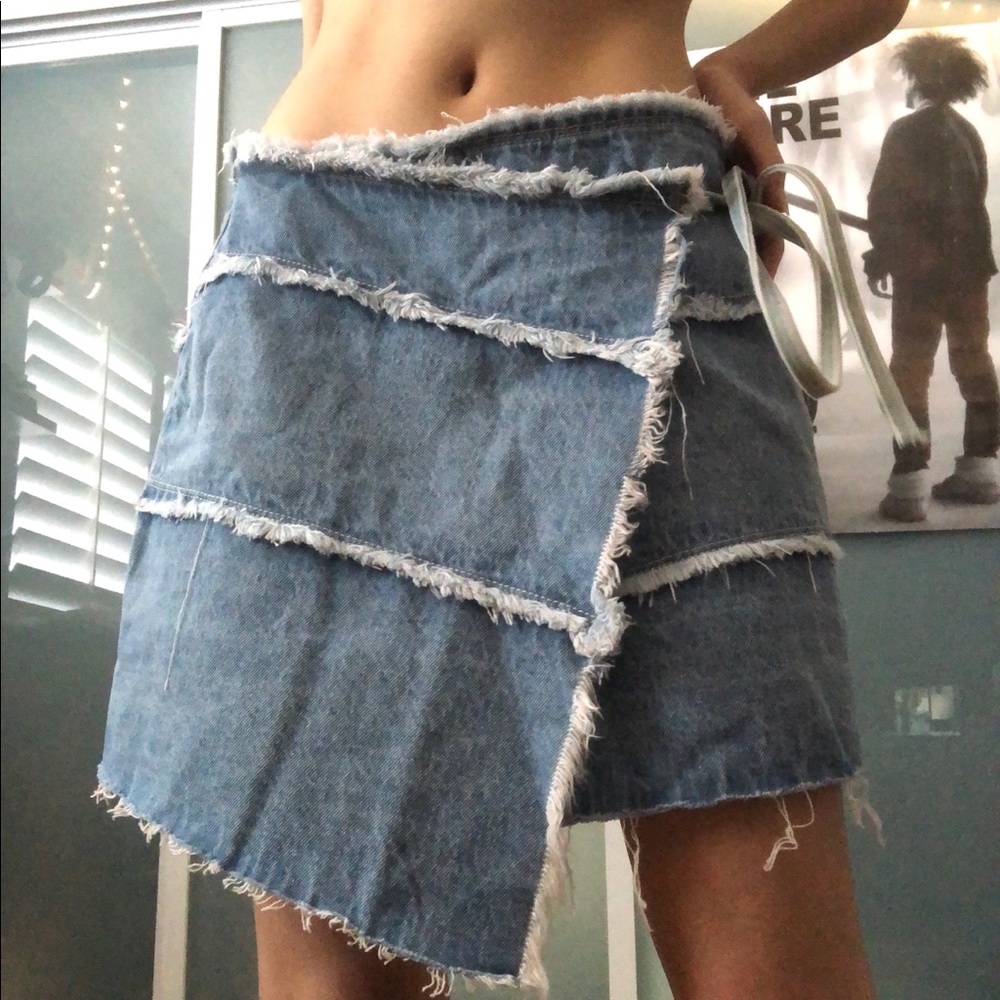Distressed denim wrap skirt